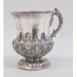 A William IV silver christening mug, engraved 'RHB', floral repousse decoration, parcel gilt