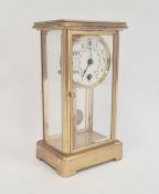 Brass and four-panelled glass mantel clock, with enamel Arabic numeral dial, floral painted, 20.