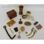 Two trays of assorted items to include table lighter, trinket box, carved egg, etc (2)
