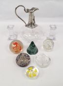 Assorted glassware to include paperweight, candlesticks, claret jug, etc (9)