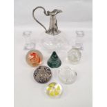 Assorted glassware to include paperweight, candlesticks, claret jug, etc (9)