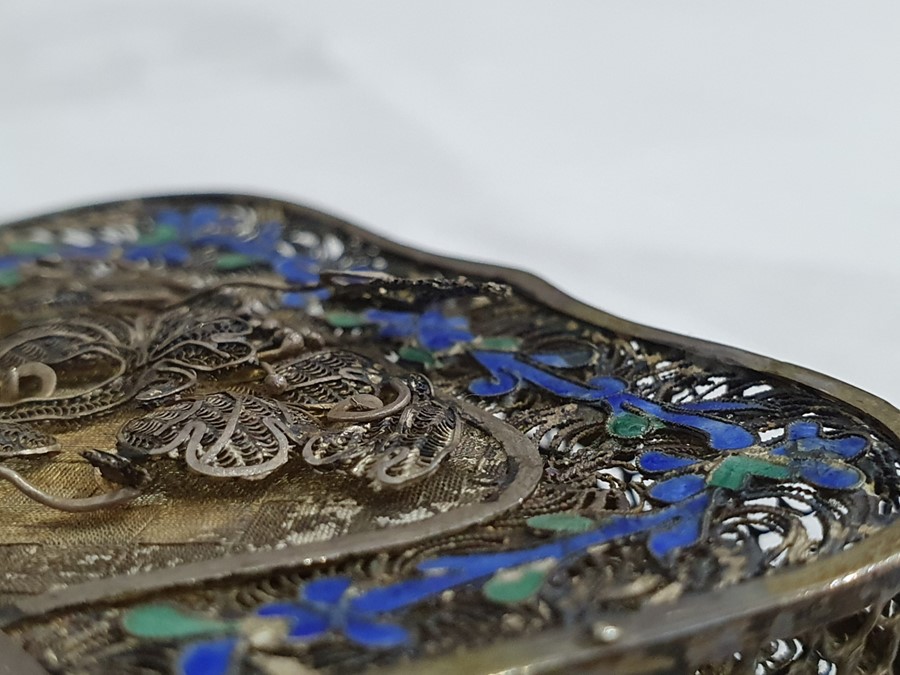 A 19th century Chinese silver coloured metal and enamel card case, the filigree case decorated - Image 5 of 36