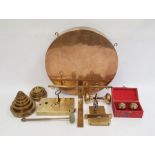 Brass gong, door furniture, weights, etc