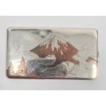 Japanese silver and inlaid cigarette case, rectangular and engraved with decoration of Mount Fuji,