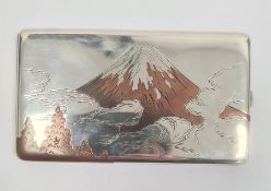 Japanese silver and inlaid cigarette case, rectangular and engraved with decoration of Mount Fuji,
