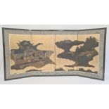 Chinese painted four-panel folding table screen with figures in building and also in gardens, fabric