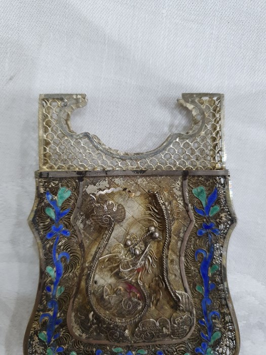 A 19th century Chinese silver coloured metal and enamel card case, the filigree case decorated - Image 16 of 36