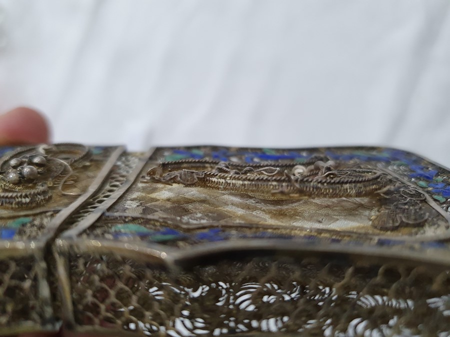 A 19th century Chinese silver coloured metal and enamel card case, the filigree case decorated - Image 12 of 36