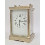 Five-sided brass and glass-cased repeater carriage clock with Roman numerals to the dial, 17cm