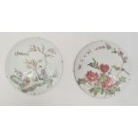 Pair of Chinese porcelain roundels, convex, one painted with bird and flowering peonies, the other