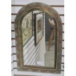 Metal wall mirror of rectangular form with arched top, the frame with tri-colour copper, brass and