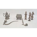 Set of three white metal figures of musicians, the costume of each adorned with bells, approx 18cm