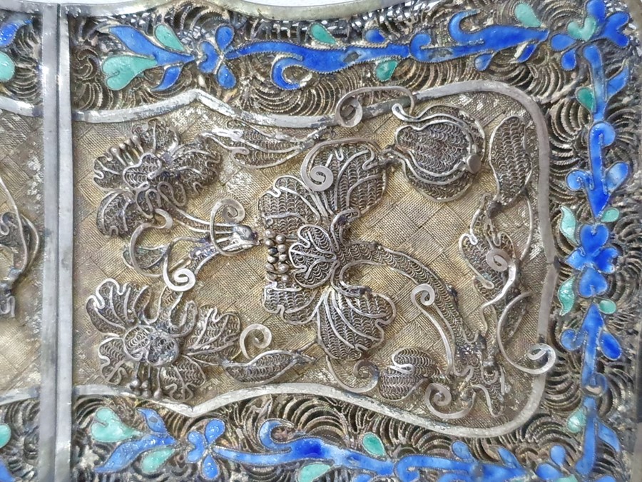 A 19th century Chinese silver coloured metal and enamel card case, the filigree case decorated - Image 8 of 36