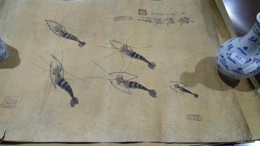 Three Chinese watercolours of crayfish, in monochrome inks, with inscription and character seal - Image 8 of 22