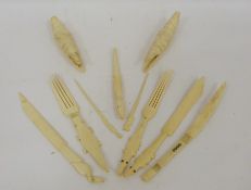 Carved bone small knives and forks with crocodile and similar handles and other carved items
