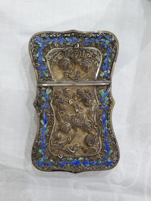 A 19th century Chinese silver coloured metal and enamel card case, the filigree case decorated - Image 2 of 36
