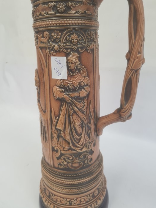 German Gerzit extra large pottery stein, embossed medieval figures and having blue glazed borders, - Image 3 of 4