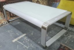 Modern coffee table of rectangular design with central perspex panel, in brushed polished metal