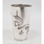 Chinese tall beaker of slender tapering form, embossed decoration of dragon, three-legged toad and