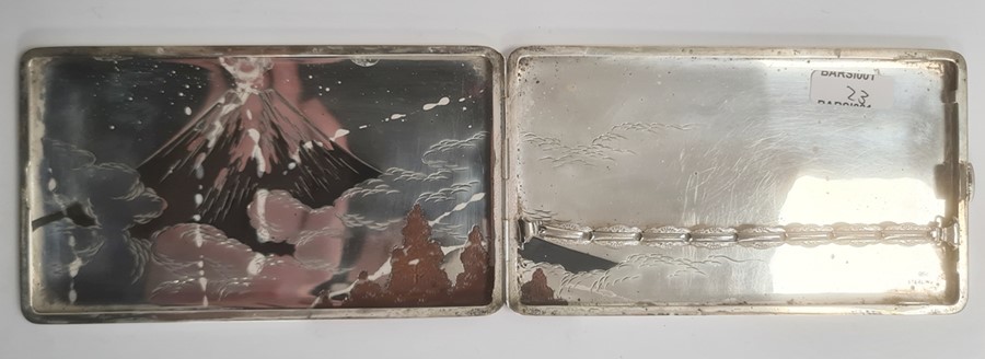 Japanese silver and inlaid cigarette case, rectangular and engraved with decoration of Mount Fuji, - Image 3 of 6