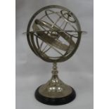 Modern metal armillary sphere on ebonised base, 53cm high