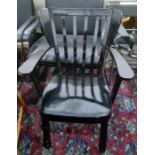 Black painted low armchair together with a Pine stickback chair (2)