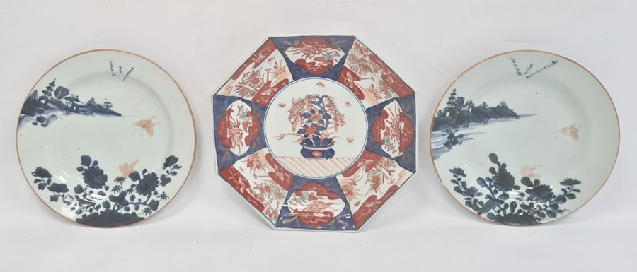 Pair Chinese porcelain plates painted in blue with chrysanthemums and lakeside buildings, enamel