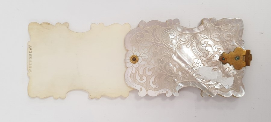 A Victorian mother of pearl and ivory day diary, scroll and foliate engraved, 7.5cm x 5cm - Image 3 of 6