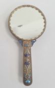 Chinese gilt metal hand mirror, the handle and mirror back each decorated with blue enamel cloisonne