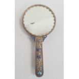 Chinese gilt metal hand mirror, the handle and mirror back each decorated with blue enamel cloisonne