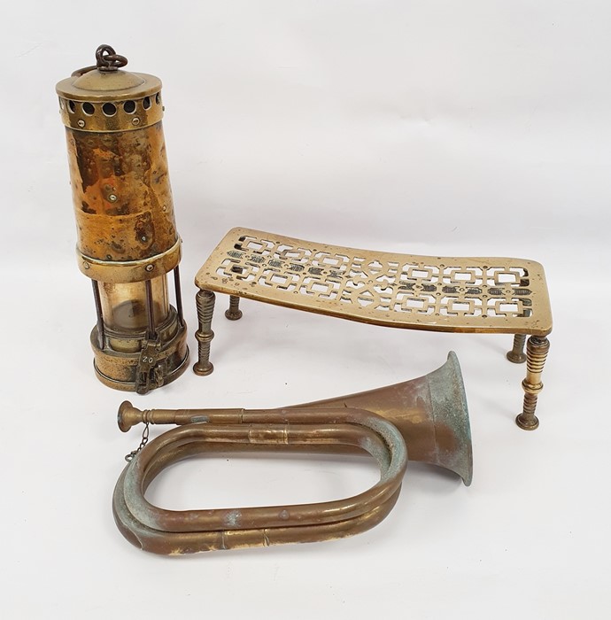 Brass miner's lamp, brass trivet and bugle (3)