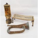 Brass miner's lamp, brass trivet and bugle (3)