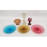 Facon de Venise dolphin stemmed glass vase, Venetian coloured plates, bowl and amethyst-coloured