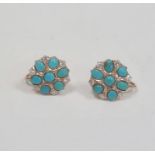 Pair of gold, turquoise and diamond circular cluster clip-on earrings, each set with central