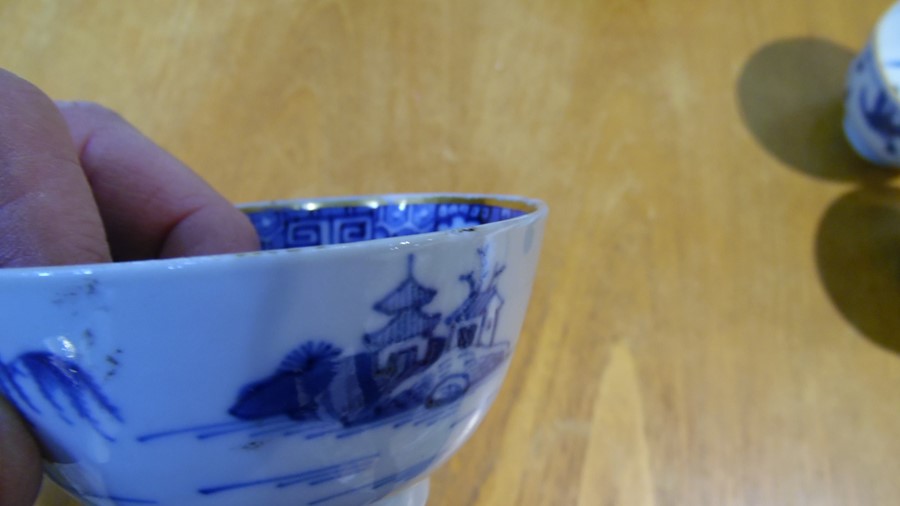 Three Chinese porcelain tea bowls with blue landscape and plant decoration, similar saucer and a set - Image 7 of 11