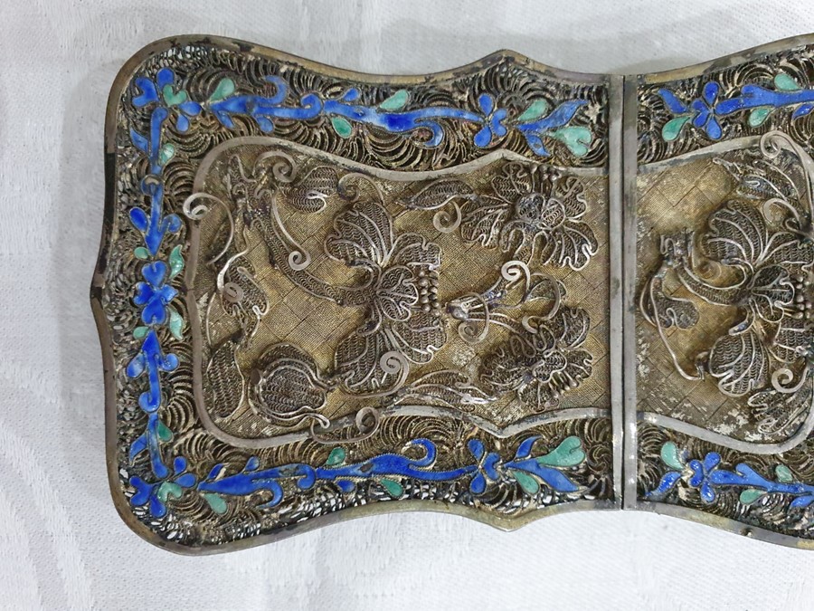A 19th century Chinese silver coloured metal and enamel card case, the filigree case decorated - Image 4 of 36