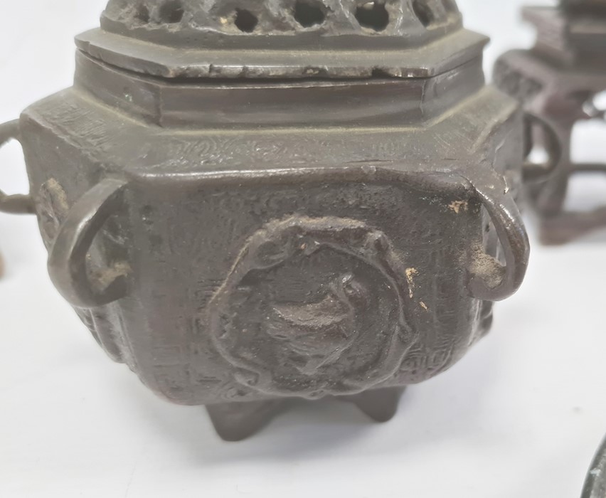 Antique Chinese bronze small koro and cover, hexagonal, 8cm high, pair Chinese soapstone Dogs of Fo, - Image 3 of 49