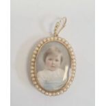 15ct gold and seedpearl pendant locket/brooch, oval and enclosing a head and shoulders portrait of a