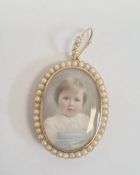 15ct gold and seedpearl pendant locket/brooch, oval and enclosing a head and shoulders portrait of a