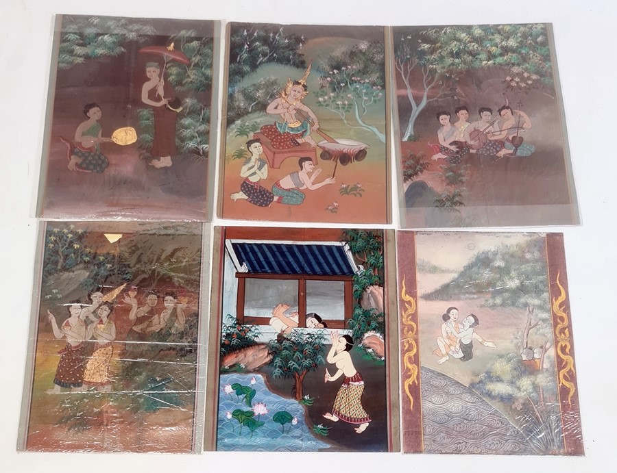 Set of six Thai bodycolour erotic drawings with various figures in interiors and gardens,