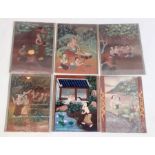 Set of six Thai bodycolour erotic drawings with various figures in interiors and gardens,