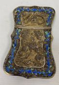 A 19th century Chinese silver coloured metal and enamel card case, the filigree case decorated