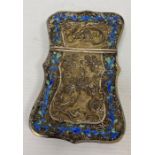 A 19th century Chinese silver coloured metal and enamel card case, the filigree case decorated