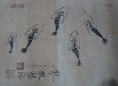 Three Chinese watercolours of crayfish, in monochrome inks, with inscription and character seal