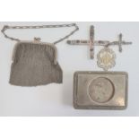 A silver chain purse, a silver coloured metal and glass rectangular trinket box, a silver coloured