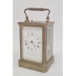 Hamilton & Inches brass and glass repeater carriage clock with Roman numerals, 17 cm high over the