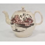 18th century English creamware teapot, the bulbous body with chinoiserie lakeside landscape in