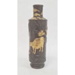 Unusual Chinese painted bronze vase, rouleau-shape with gilt cattle and flowers in a mountainous
