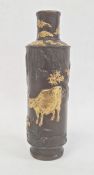 Unusual Chinese painted bronze vase, rouleau-shape with gilt cattle and flowers in a mountainous