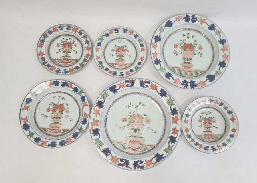 Part service of Imari palette decorated porcelain viz:- pair circular graduated chargers, smaller